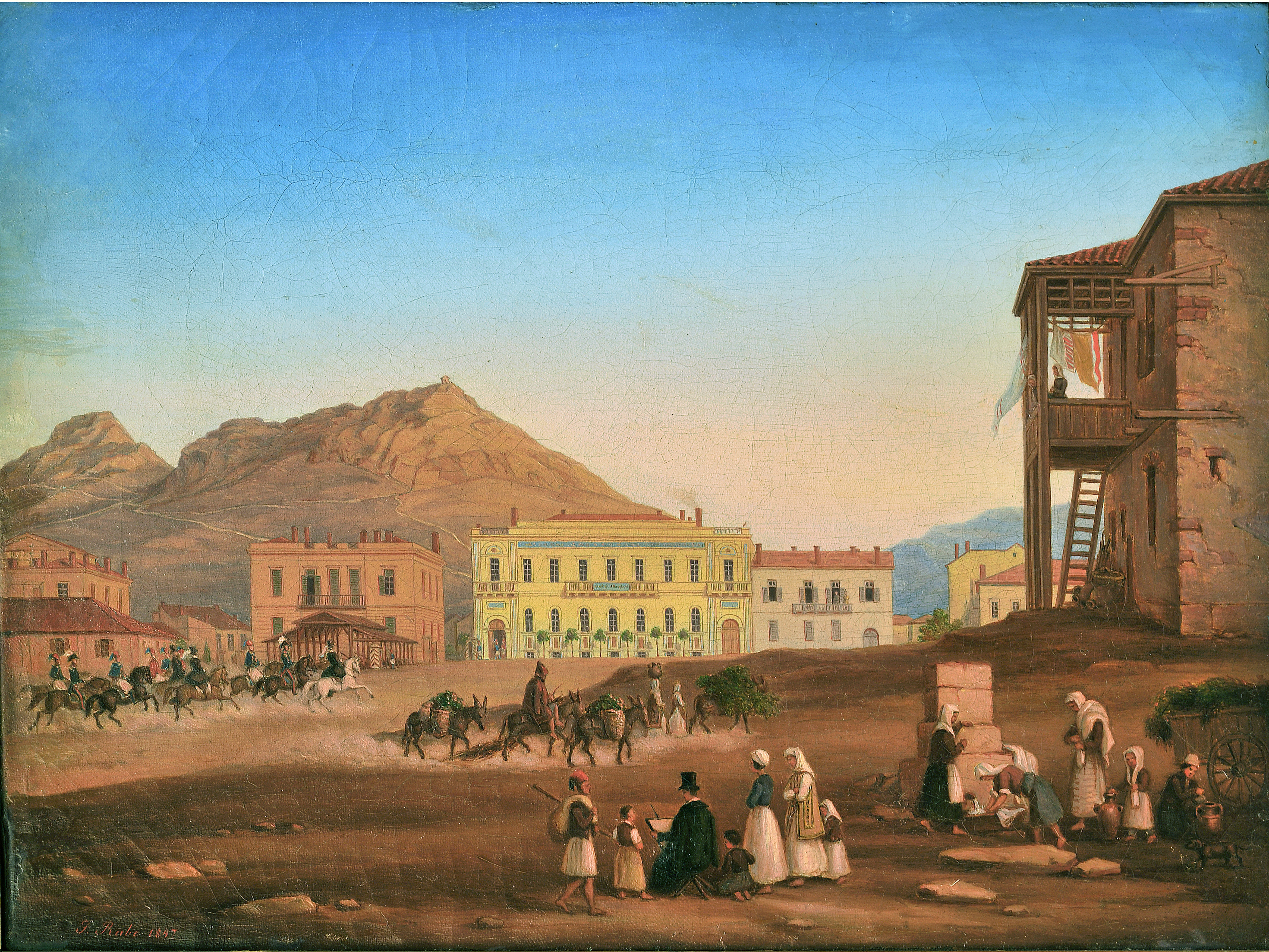 Η πλατεία Λουδοβίκου (σημερινή Κοτζιά), στην Αθήνα, 1847. Πίνακας του Γερμανού ζωγράφου Johannes Rabe. Στο κέντρο του πίνακα διακρίνεται το περίφημο 'Ξενοδοχείον της Αγγλίας', ενώ δίπλα αριστερά το κτήριο που αγόρασε η Εθνική Τράπεζα το 1845 από τον Κυριάκο Δομνάδο, για να αποτελέσει το κεντρικό της κατάστημα