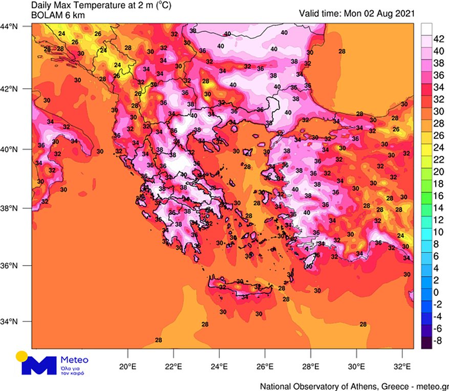 Μέγιστες θερμοκρασίες για τη Δευτέρα 02/08/2021 απο το προγνωστικό μοντέλο του Εθνικού Αστεροσκοπείου Αθηνών/meteo.gr. 

 
