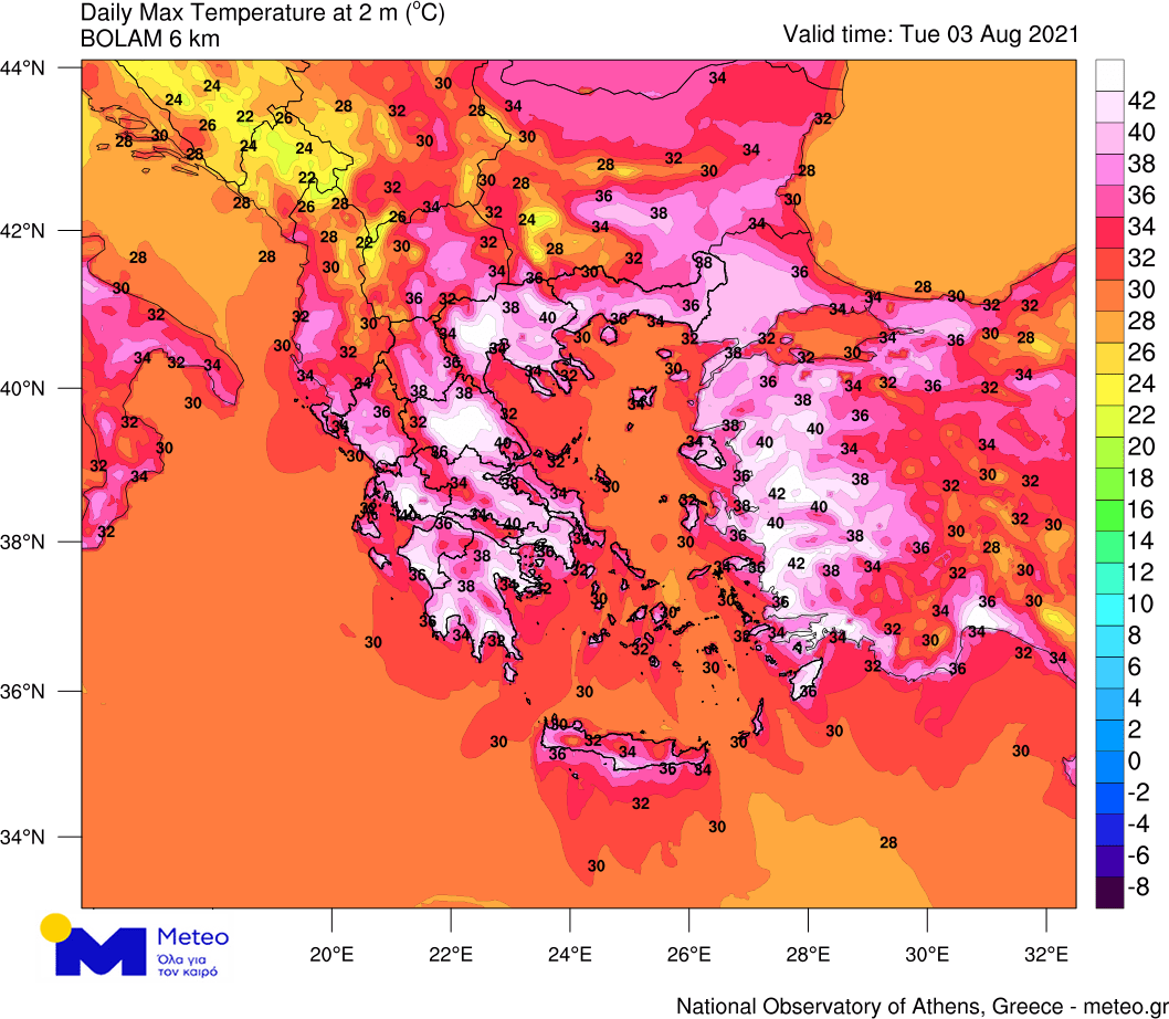 Μέγιστες θερμοκρασίες για τη Τρίτη 03/08/2021 απο το προγνωστικό μοντέλο του Εθνικού Αστεροσκοπείου Αθηνών/meteo.gr.  