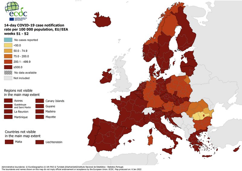 Χάρτης 14 ημερών για νεοναφερθέντα κρούσματα ανά 100.000 πληθυσμού, ενημερώθηκε στις 6 Ιανουαρίου 2022