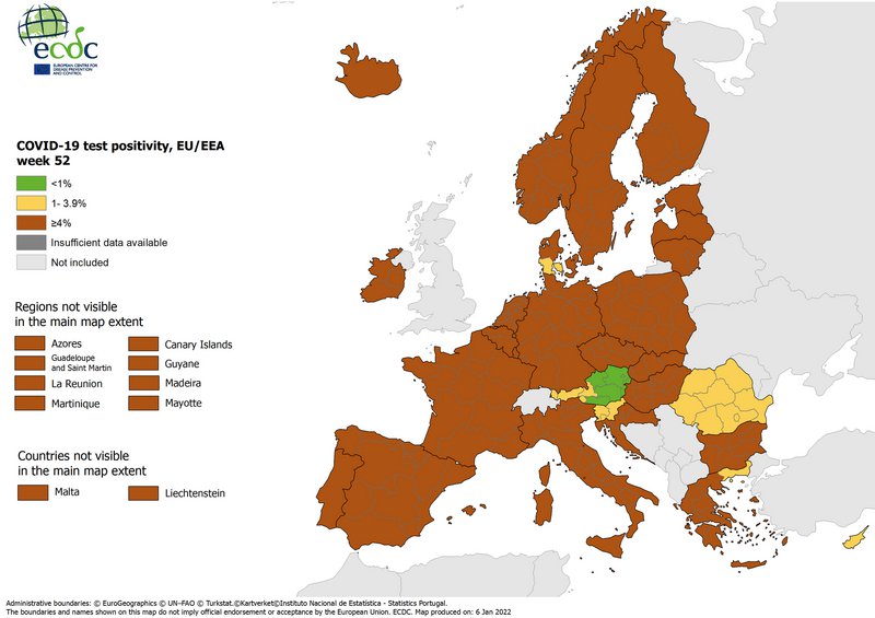 Χάρτης 14 ημερών με τους δείκτες θετικότητας, ενημερώθηκε στις 6 Ιανουαρίου 2022