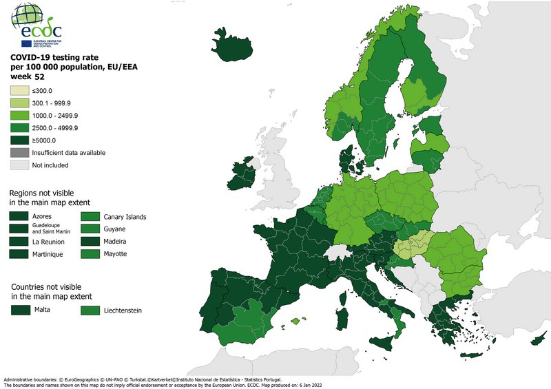 Χάρτης 14 ημερών με τα ποσοστά τεστ ανά 100.000 κατοίκους, ενημερώθηκε στις 6 Ιανουαρίου 2022