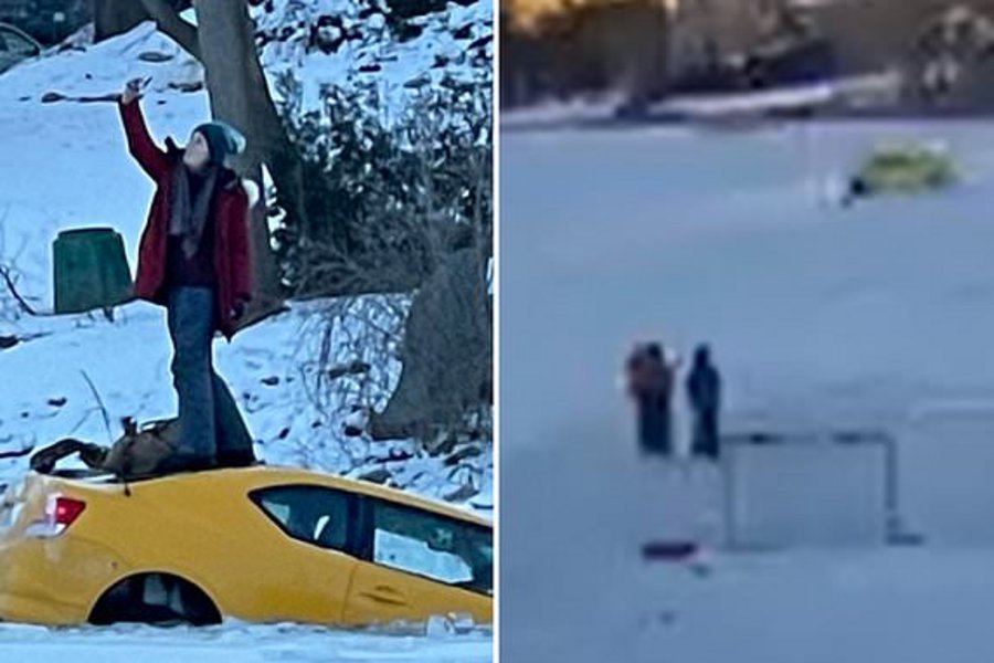 ΒΙΝΤΕΟ: Το αμάξι της βυθιζόταν σε ποτάμι στον Καναδά κι εκείνη έβγαζε selfie ανεβασμένη στην οροφή!