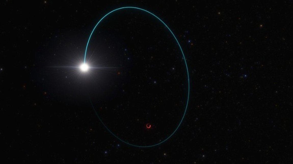 Καλλιτεχνική απεικόνιση που δείχνει τις τροχιές τόσο του άστρου (με μπλε) όσο και της πιο ογκώδους αστρικής μαύρης τρύπας (με κόκκινο) γύρω από το κοινό κέντρο μάζας τους. Credit: ESO/L.Calcada
