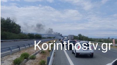 Φωτιά σε εν κινήσει φορτηγό στην εθνική Κορίνθου-Πατρών Σταμάτησε η κυκλοφορία 