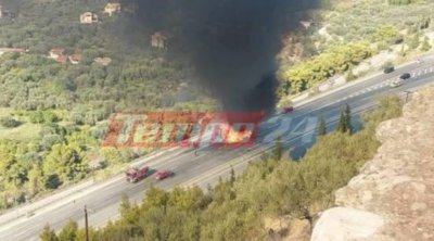 Εθνική Πατρών-Αθηνών: Νταλίκα κάηκε στη μέση του δρόμου - ΒΙΝΤΕΟ 